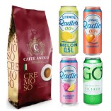 Кофе в зернах и 4 банки безалкогольного пива